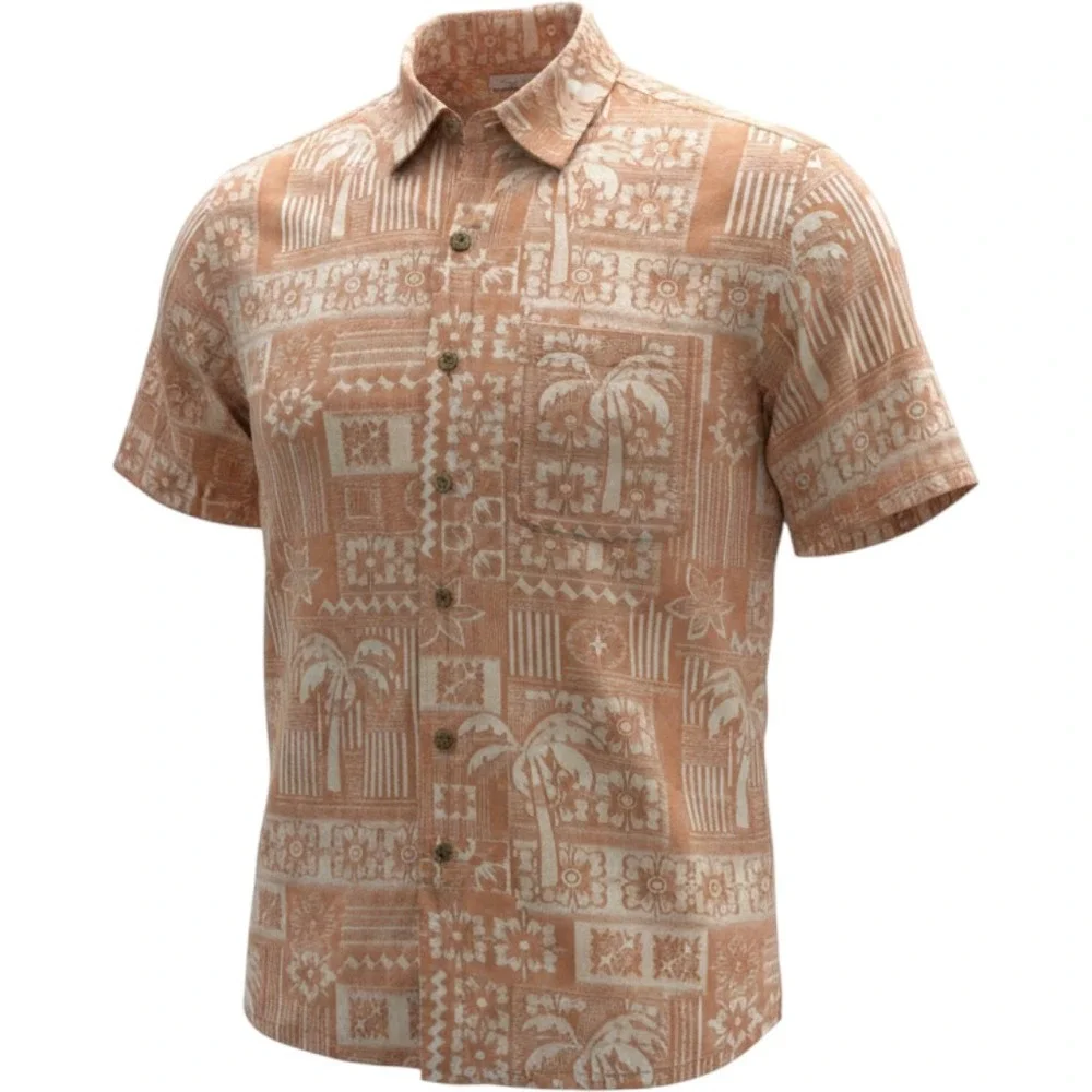 Banana Cabana Mens 100% Silk Hawaiian Shirt Large Terracotta Palm Tree Jacquard